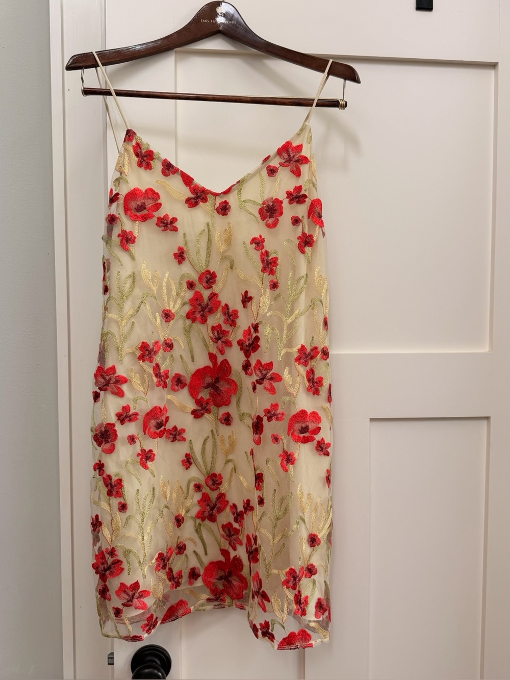 Floral Embroidered Slip Dress - Red on Cream